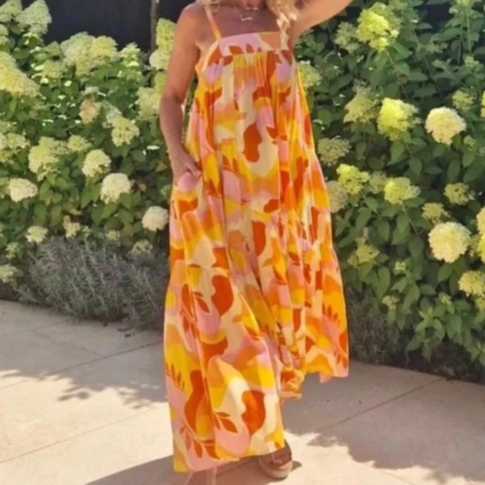 ANTHROPOLOGIE ABEL THE LABEL Sunset Floral Tiered Boho Tropical Maxi Dress Small - Picture 4 of 16